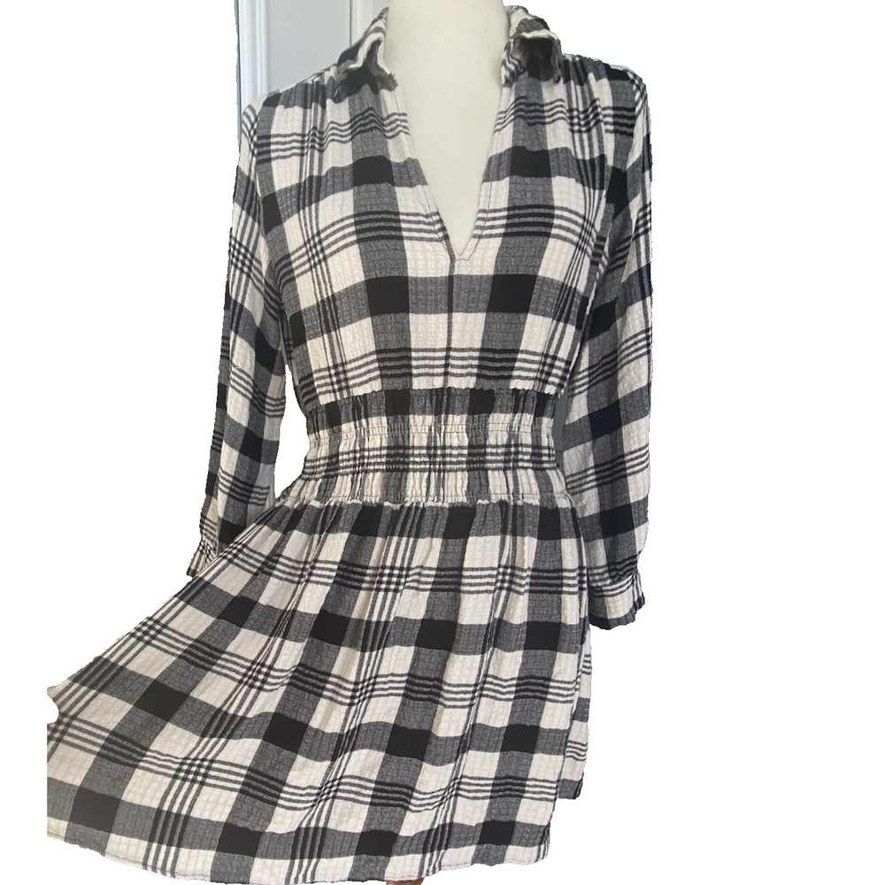 Zara Women Plaid A-Line Dress S White Black Cotton Long Sleeve Casual Soft Chic